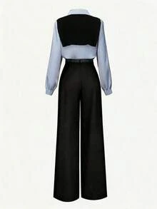 Franclia 法式休闲通勤百搭时尚蓝白条纹长袖纽扣衬衫和黑色直筒裤女式两件套，春秋季，商务休闲装，适合工作和日常穿着