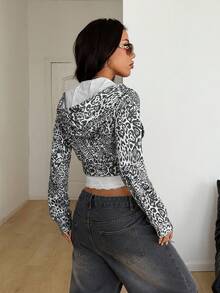 Coolane Women's Fall/Winter Streetwear Daily Wear Going Out Y2K Casual Graphics Leopard Print Fitted Long Sleeve Crop Zip Up Hooded Sweatshirt - Multicolor - View 6