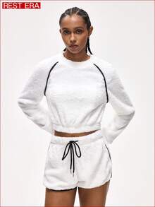 Rest Era Women's Raglan Sleeve Fluffy Top And Drawstring Waist Shorts Lounge Set, Winter Clothes - White - View 4