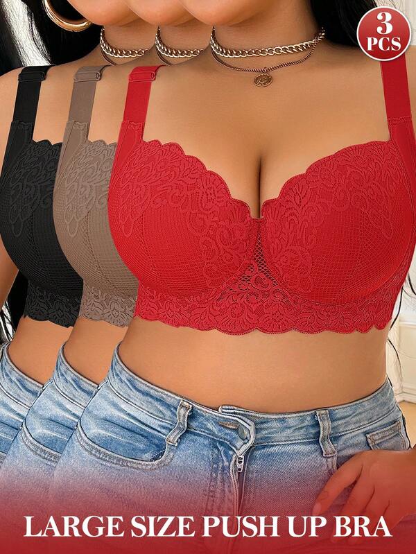 DesireSculpt Set de 3 sujetadores con aros de encaje sexy, cómodos y con soporte para tallas grandes