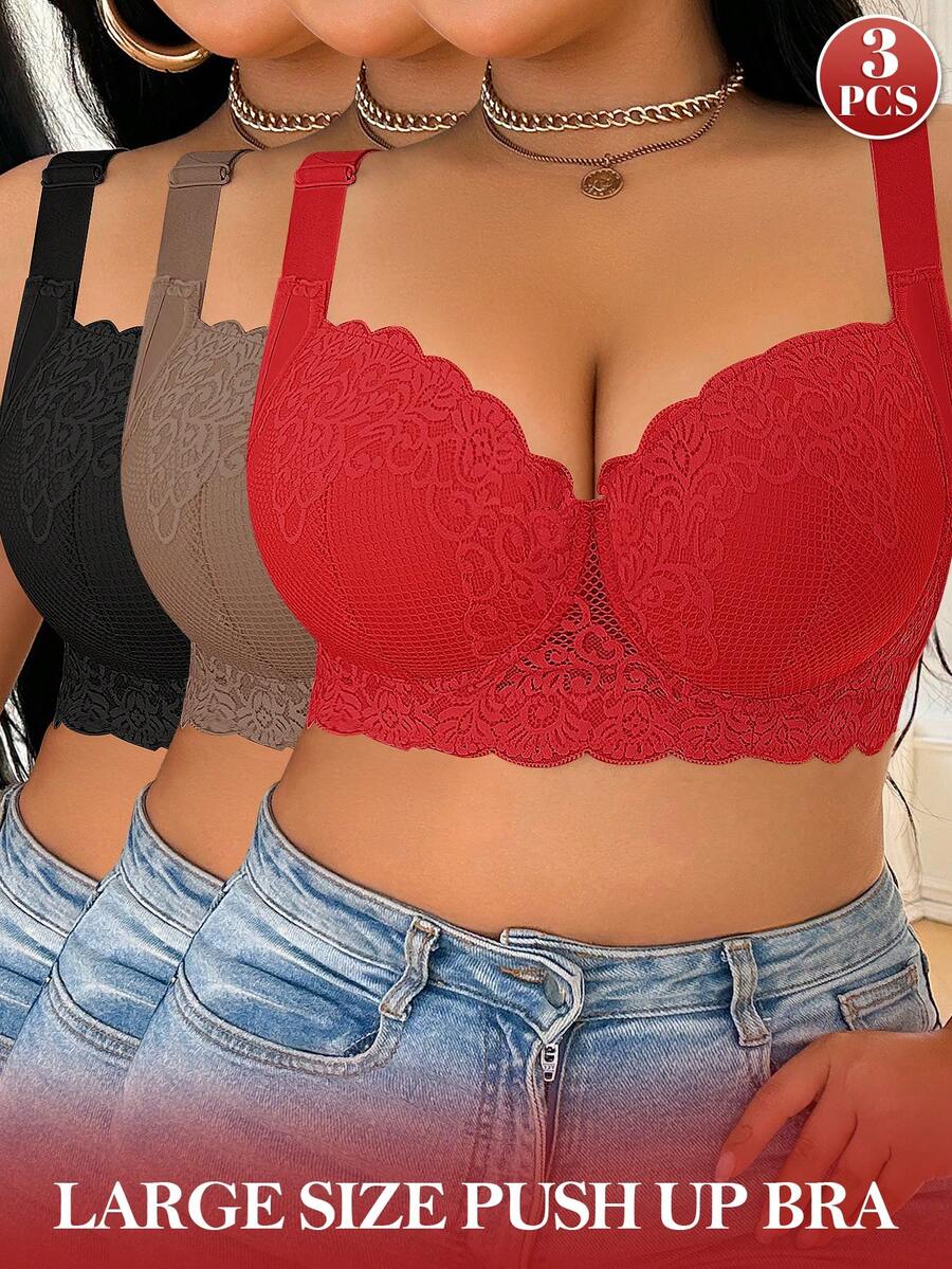 DesireSculpt 3件套加大码性感蕾丝舒适无痕支撑钢圈文胸 - 彩色 - 查看 1