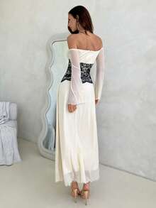 Aloruh 女士秋冬婚礼派对礼服，露肩俏皮蕾丝拼接撞色A字喇叭长袖礼服 - 杏色 - 查看 2