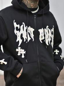 Devon Thys 男式黑色街头时尚图案印花前拉链连帽运动衫，带保暖内衬 - 黑色 - 查看 3