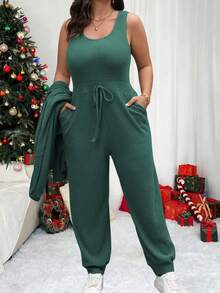 Vionelle 大码女式纯色落肩长袖夹克和腰带无袖连体裤休闲两件套，秋季 - 墨綠色 - 查看 4