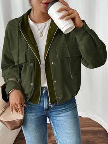 SHEIN Frenchy 女式拼接二合一灯芯绒连帽夹克秋冬女装 - 軍綠色 - 查看 3