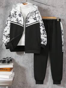 Vacaura 2pcs Teenage Casual Black & White Contrast Knit Jacket Set, Suitable For Autumn & Spring - Black - View 5