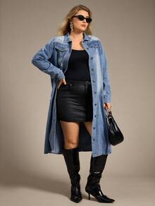 Plus 1pc Flap Pocket Ripped Denim Coat, Fall Women Clothes - Light Wash - View 1