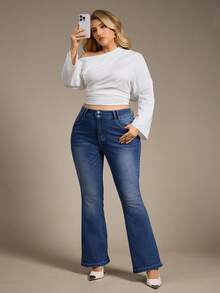 Auralis Women's Plus Size Flared Jeans, Fall Women Clothes - Blue - View 6