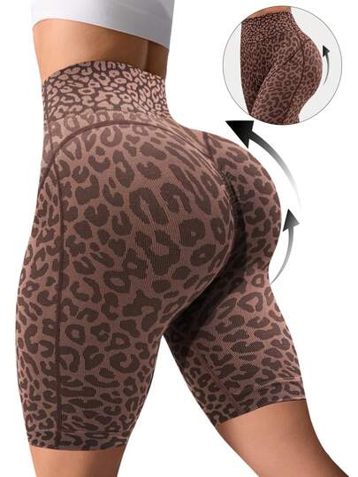 Dewbera 1pc Women's Seamless Sexy Leopard Print 3D Line Sports Shorts For Running, Fitness, Yoga, Cycling Brown Biker Shorts Women Animal Print Workout Shorts Women High Waist Sports Shorts