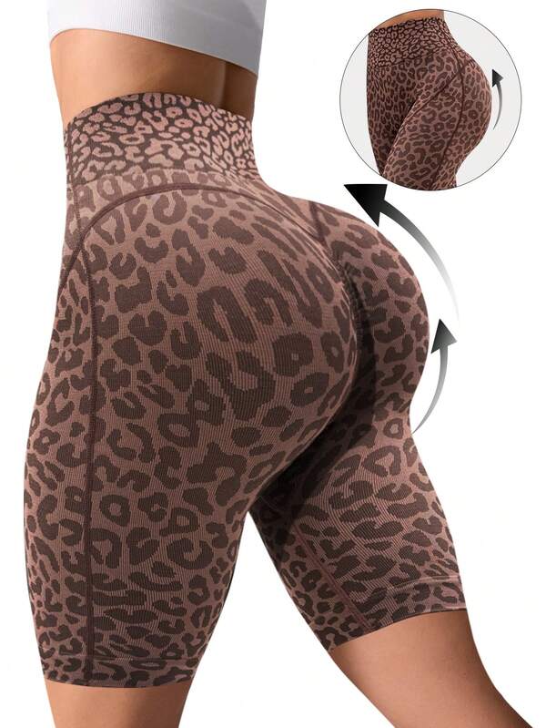 Dewbera 1pc Women's Seamless Sexy Leopard Print 3D Line Sports Shorts For Running, Fitness, Yoga, Cycling Brown Biker Shorts Women Animal Print Workout Shorts Women High Waist Sports Shorts