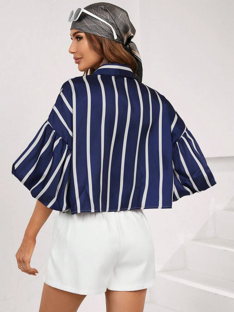 Aveloria Modichic Women's Striped Single-Breasted Ruffle Sleeve Loose Blouse - Navy Blue - View 2