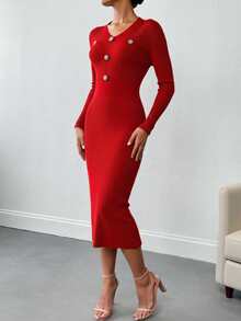 Women Sweater Dresses - Red - View 2