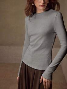 MOTF PREMIUM HIGH STRETCH SKIN-FRIENDLY SOLID COLOR ROUND NECK SLIM FIT FASHIONABLE LONG SLEEVE VERSATILE WOMEN'S BASE LAYER TOP - Light Grey - View 3