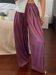 DAZY Plaid Loose Drawstring Waist Wide Leg Women Lounge Pants - Burgundy - View 4