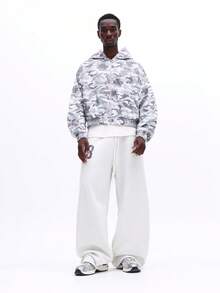 SUMWON 男士宽松迷彩全拉链连帽衫，印有数字，休闲街头风，秋冬外套 - 灰色 - 查看 3