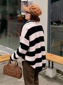 DAZY Áo len dài tay thường ngày họa tiết sọc phong cách Hàn Quốc dành cho nữ, Thu/Đông - Hồng - Xem 2