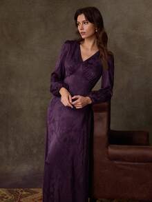 Lilora 紫色优雅深V领修身长袖女式长裙，简约优雅，缎面提花连衣裙，女士冬季优雅连衣裙，高端精致优雅。 - 紫色 - 查看 5