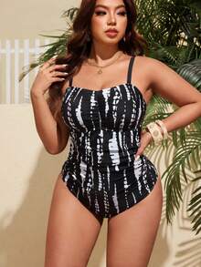 Swim Lushoire Đồ bơi một mảnh cỡ lớn có nhún eo và họa tiết hoa đen trắng - Nhiều màu - Xem 3