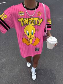 LOONEY TUNES X SHEIN Women's Striped And Cartoon Pattern Round Neck Short Sleeve T-Shirt - White - View 1