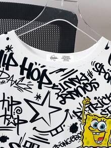 SpongeBob SquarePants | SHEIN Tween Boy Graphic Letter & Cartoon Print Round Neck Short Sleeve T-Shirt