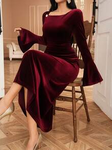 DAZY Đầm dự tiệc tay loe màu trơn thanh lịch dành cho nữ đón Giáng sinh năm mới - Màu Đỏ Sâu - Xem 7