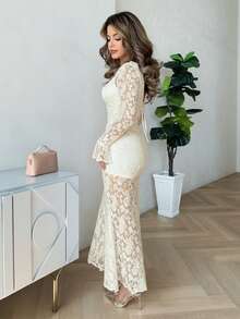 Jemour Đầm đuôi cá in hoa dệt kim Jacquard lãng mạn cổ điển dành cho nữ, Đầm mùa hè, Đầm tiệc trà Quần áo mùa xuân - Màu be - Xem 5