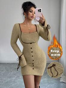 Modelyn Women's Butterfly Tie Elegant Short Dress, Autumn/Winter - Khaki - View 6