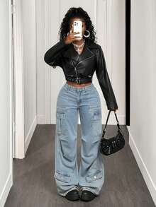 BamGleam 女士纯色翻领短款PU皮机车夹克，新年优雅女装，休闲女装，冬季女装，黑色上衣，黑色 - 黑色 - 查看 6