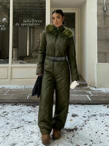 SHEIN EZwear 白色毛绒帽和加厚连体衣，适合秋冬季雪地玩耍。 - 軍綠色 - 查看 3