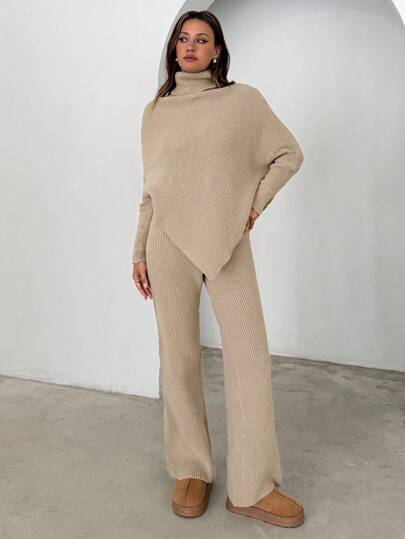 Aloruh Women's Solid Color Turtleneck Batwing Sleeve Asymmetric Hem Sweater And Knit Pants Casual 2-Piece Set, Autumn/Winter