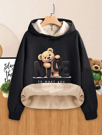 Sparklyn Tween Girl Hooded Sweatshirt With Cute Bear Print, Warm Fleece Casual Style For Autumn/Winter