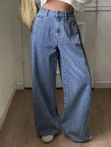 DAZY Solid Color Loose Button Decor Ankle Cuff Straight Leg Black Jeans - Medium Wash - View 4