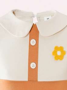 女童休闲翻领刺绣弹力撞色彼得潘领长袖连衣裙，时尚百搭，优雅大方，适合秋冬季穿着 - 卡其色 - 查看 7