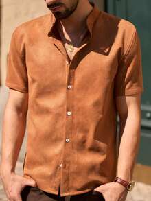 Mainfolk Men's Minimalist Solid Color Single-Breasted Short Sleeve Shirt - Khaki - View 3