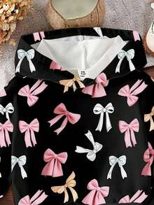 2 Peças Conjunto de Moletom com Capuz e Estampa de Laço e Legging Estampada para Menina Bebê 0-3 Anos, Adequado para Outono/Inverno, Uso Diário, Exterior, Doméstico, Básicos de Moda - Multicolorido - Visão 4