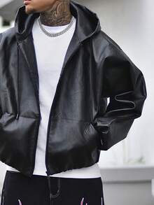 Devon Thys Chaqueta de cuero PU con capucha holgada de moda para hombre, estilo grunge, para otoño/invierno - Negro - Ver 6