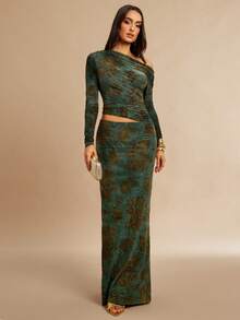 Silquee Váy chữ H cạp cao họa tiết hoa nhung xanh lá cây thời trang thu đông thanh lịch gợi cảm dành cho nữ - màu xanh lá - Xem 1