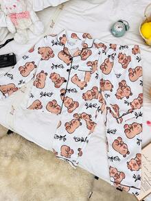 SHEIN Mädchen Bubble Crinkle süßer Pyjama Set mit bedrucktem Muster, Langarm-Oberteil und Hose - Verschiedenfarbig - Übersicht 4