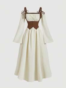 SHEIN MOD 宽肩带系带前襟褶皱上身喇叭袖腰部撞色孕妇连衣裙，绷带连衣裙，端庄连衣裙，节日连衣裙，茶会连衣裙，复古连衣裙，返校节连衣裙