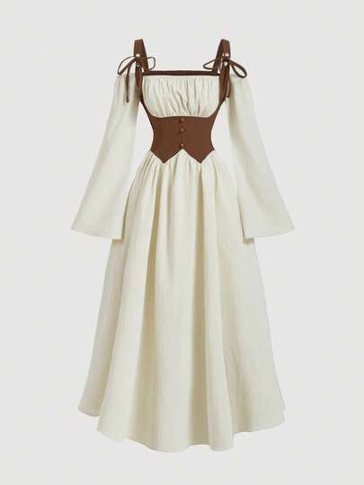 SHEIN MOD فستان حمل بأربطة عريضة وأكمام جرس وخصر بلون متباين، فستان حمل، فستان محتشم، فستان للمهرجانات، فستان لحفلات الشاي، فستان فينتاج، فساتين عودة للمنزل