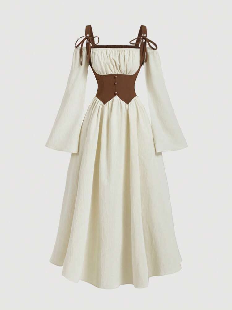 SHEIN MOD Vestido de maternidad con contraste de color en la cintura, mangas acampanadas, escote fruncido y lazo delantero, vestido de vendaje, vestido modesto, vestido de festival, vestido de té, vestido vintage, vestido de graduación - Multicolor - Añade 1