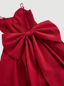 SHEIN MOD 红色裹身式褶皱露背超大蝴蝶结前短后长连衣裙，新年夜装扮，优雅女士连衣裙，派对女士装扮，蝴蝶结服饰，红色女士连衣裙，红色正式礼服，节日女士装扮，红色长裙，性感红色连衣裙 - 紅色 - 查看 3
