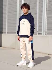 Vacaura 2pcs/Set Fashionable Tween Boys Hooded Sweatshirt With Contrast Color Splicing And Sweatpants Casual Sports Outfit