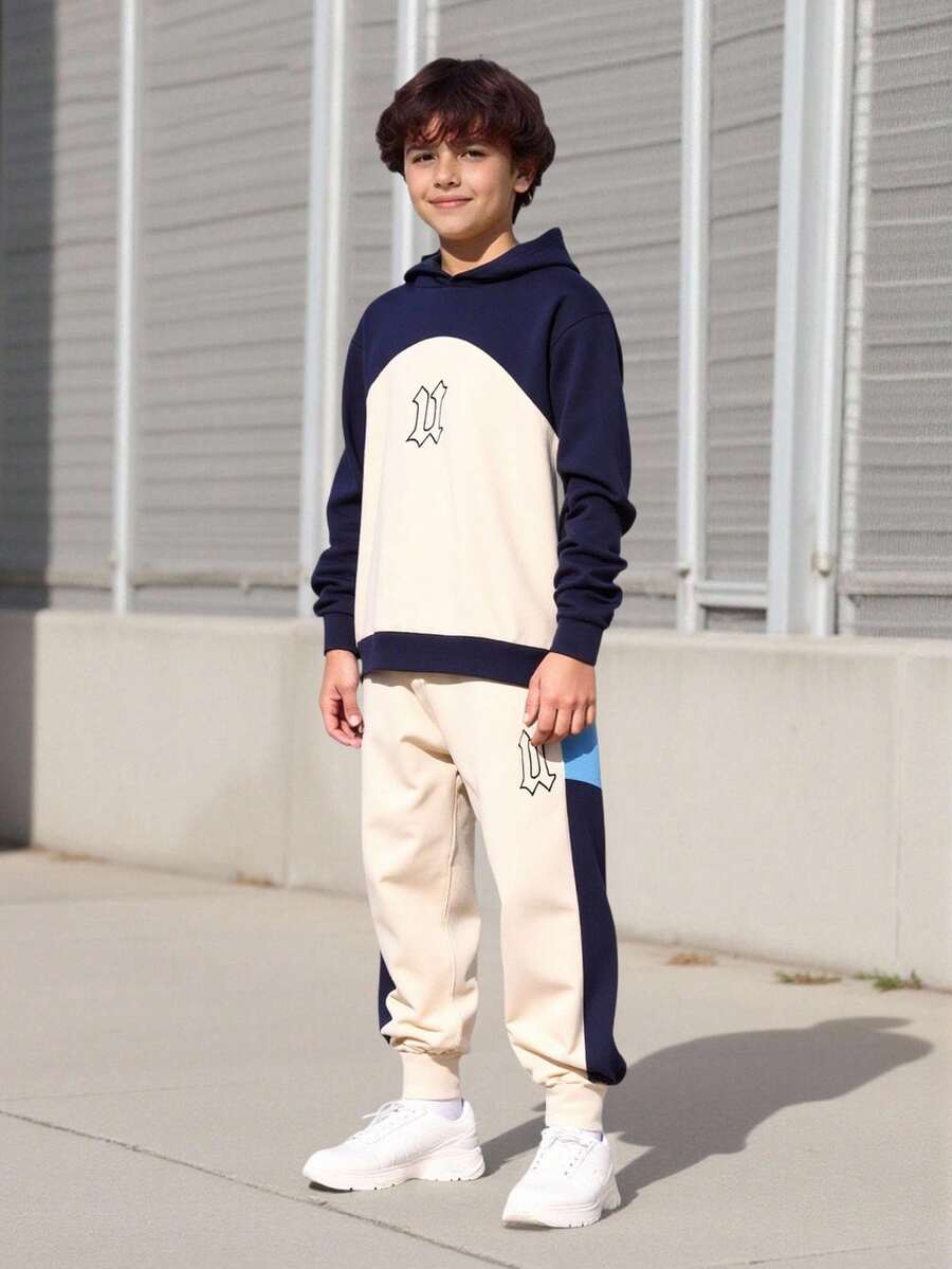Vacaura 2pcs/Set Fashionable Tween Boys Hooded Sweatshirt With Contrast Color Splicing And Sweatpants Casual Sports Outfit