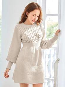 SHEIN Teen Girls Khaki Crewneck Knit Textured Twist Puff Sleeve Waist Fit & Flare Casual Dress, Elegant In Fall/Winter - Khaki - View 5