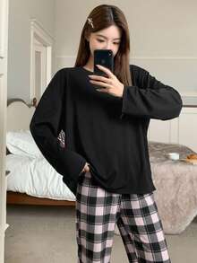 Bộ đồ mặc nhà màu đen 2 món cho bé gái tuổi teen, áo phông kẻ caro trơn và quần dài đến mắt cá chân kẻ caro, đồ ngủ mặc nhà thoải mái, cổ tròn, thoải mái và thời trang, phù hợp cho mùa xuân và mùa thu, đồ mặc nhà thoải mái - Hồng - Xem 6