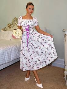 Glamine 碎花拼接荷叶边领泡泡袖系带连衣裙，优雅法式度假风 - 紫色 - 查看 4