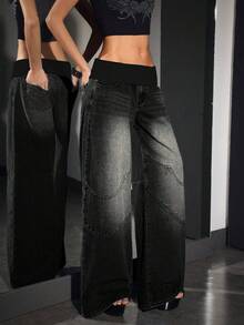 SHEIN PETITE Jeans anchos y sueltos de mujer con cintura de contraste, versátiles y casuales