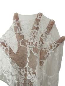 Rafferiza Women's Sexy & Elegant Asymmetric Neck Ruched Lace Patchwork Long Sleeve White Dress - Apricot - View 6