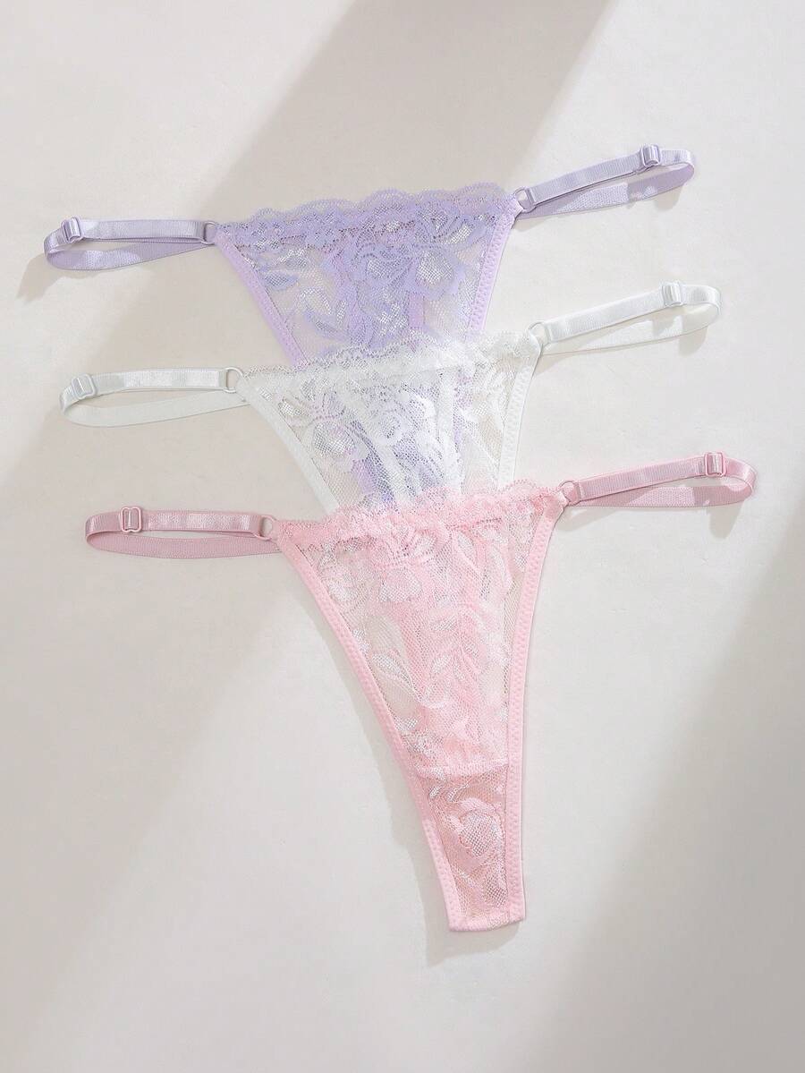 3pcs/Set Elegant Sexy Solid Color Lace Thong Panties - Multicolor - View 1